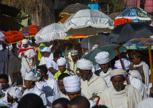 Ethiopian orthodox priests procession celebrating the colorful Timkat epiphany festival, Amhara region, Lalibela, Ethiopia