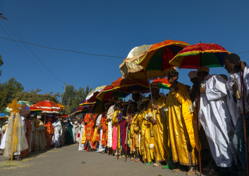 Ethiopian orthodox priests procession celebrating the colorful Timkat epiphany festival, Amhara region, Lalibela, Ethiopia