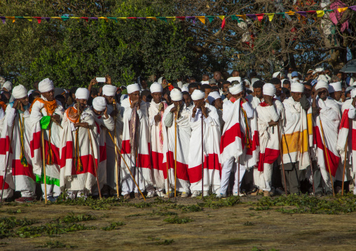 Ethiopian orthodox priests celebrating the colorful Timkat epiphany festival, Amhara region, Lalibela, Ethiopia