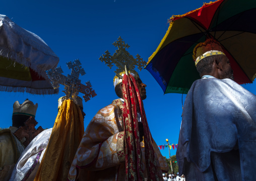 Ethiopian orthodox priests procession celebrating the colorful Timkat epiphany festival, Amhara region, Lalibela, Ethiopia
