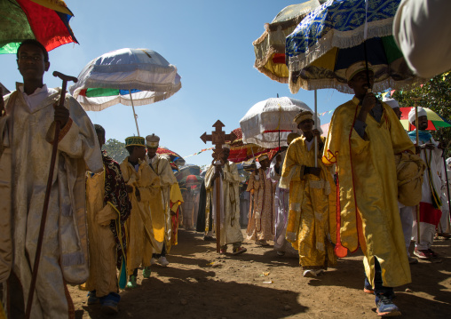 Ethiopian orthodox priests procession celebrating the colorful Timkat epiphany festival, Amhara region, Lalibela, Ethiopia