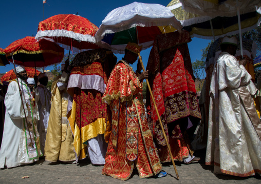 Ethiopian orthodox priests with censers celebrating the colorful Timkat epiphany festival, Amhara region, Lalibela, Ethiopia