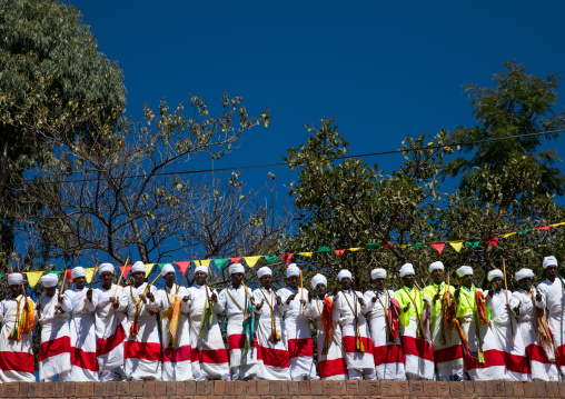 Ethiopian orthodox priests in line celebrating the colorful Timkat epiphany festival, Amhara region, Lalibela, Ethiopia