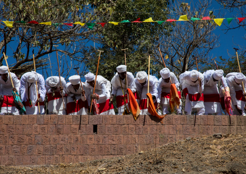 Ethiopian orthodox priests in line celebrating the colorful Timkat epiphany festival, Amhara region, Lalibela, Ethiopia