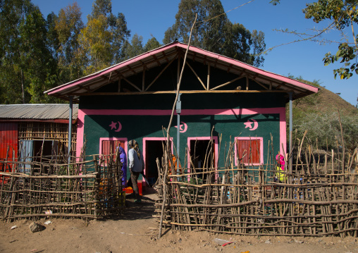 House decorated with tar and crescent moon islamic symboles, Amhara region, Senbete, Ethiopia