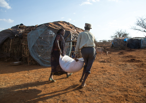 Food aid bags given to Borana people during the drought, Oromia, Yabelo, Ethiopia