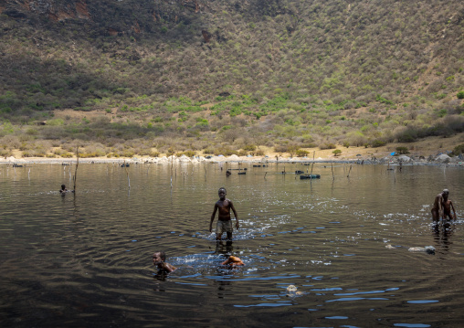 Volcano crater where Borana tribe men dive to collect salt, Oromia, El Sod, Ethiopia