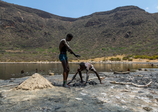 Volcano crater where Borana tribe men dive to collect salt, Oromia, El Sod, Ethiopia
