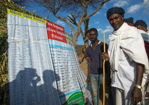 Men reading the aba Gada list during the Gada system ceremony in Borana tribe, Oromia, Yabelo, Ethiopia