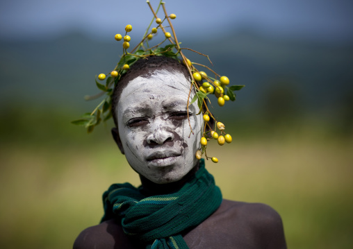 Surma Boy Wearing Flower Ornaments, Turgit Village, Omo Valley, Ethiopia