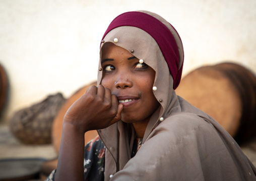 Cute veiled ethiopian girl in the market, Harari region, Harar, Ethiopia