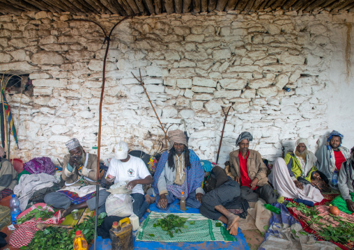 Oromo pilgrims chewing khat in their camp in Sheikh Hussein shrine, Oromia, Sheik Hussein, Ethiopia