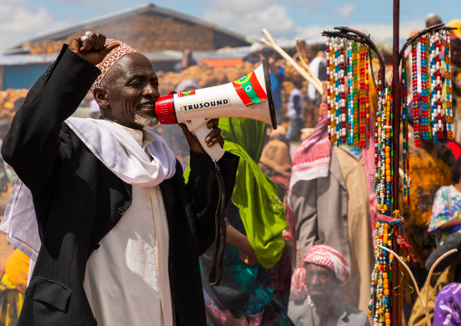 Sufi leader in front of a oulle forked stick decorated with necklaces and prayerbeads, Oromia, Sheik Hussein, Ethiopia