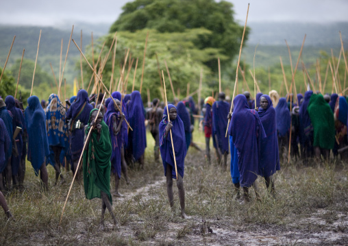 Suri tribe warriors fighting during a donga stick ritual, Omo valley, Tulgit, Ethiopia