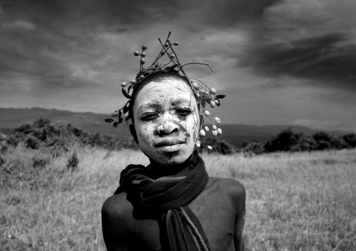 Surma Boy Wearing Flower Ornaments, Turgit Village, Omo Valley, Ethiopia