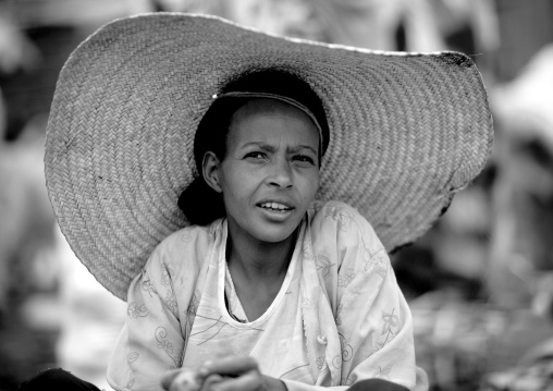 Oromo Woman With A Giant Hat In Woliso Market, Ethiopia