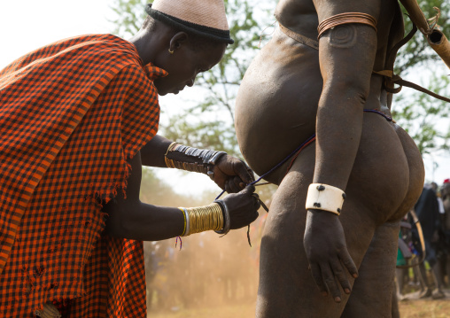 Woman putting a belt to a Bodi tribe fat man during Kael ceremony, Omo valley, Hana Mursi, Ethiopia