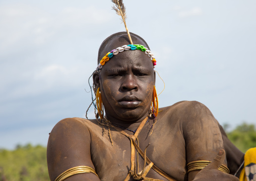 Bodi tribe fat men during Kael ceremony, Omo valley, Hana Mursi, Ethiopia