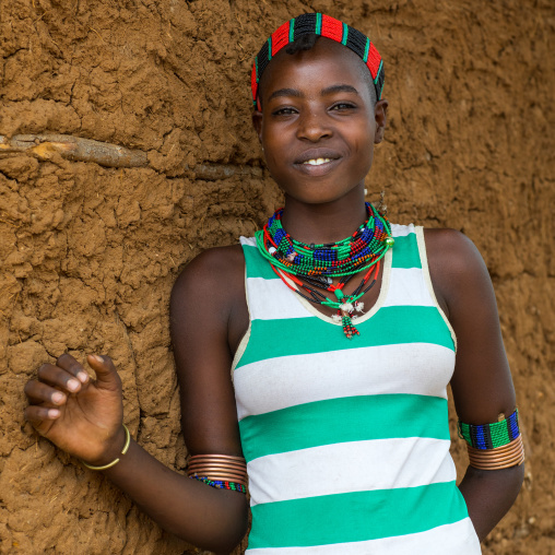 Portrait of a young woman from Hamer tribe, Omo valley, Turmi, Ethiopia