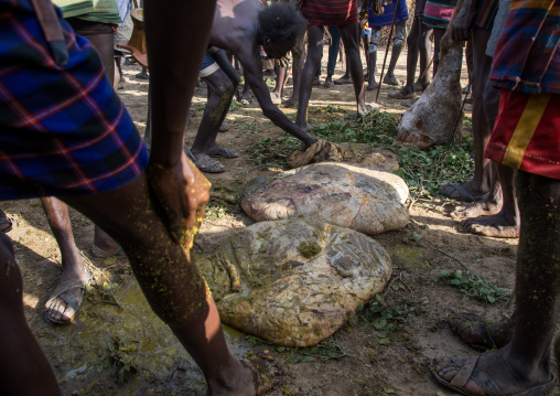 People covering themselves with cow dungs during the proud ox ceremony in the Dassanech tribe, Turkana County, Omorate, Ethiopia