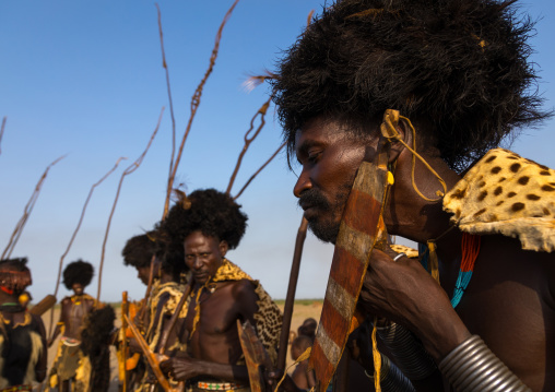 Dassanech men with leopard skins and ostrich feathers wigs during Dimi ceremony to celebrate circumcision of teenagers, Turkana County, Omorate, Ethiopia