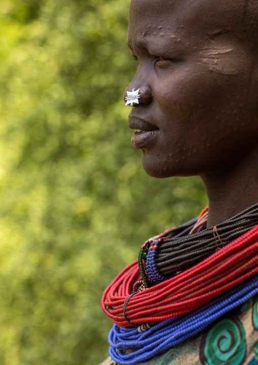 Portrait of a sudanese Toposa tribe woman refugee with huge necklaces and nose decoration, Omo Valley, Kangate, Ethiopia