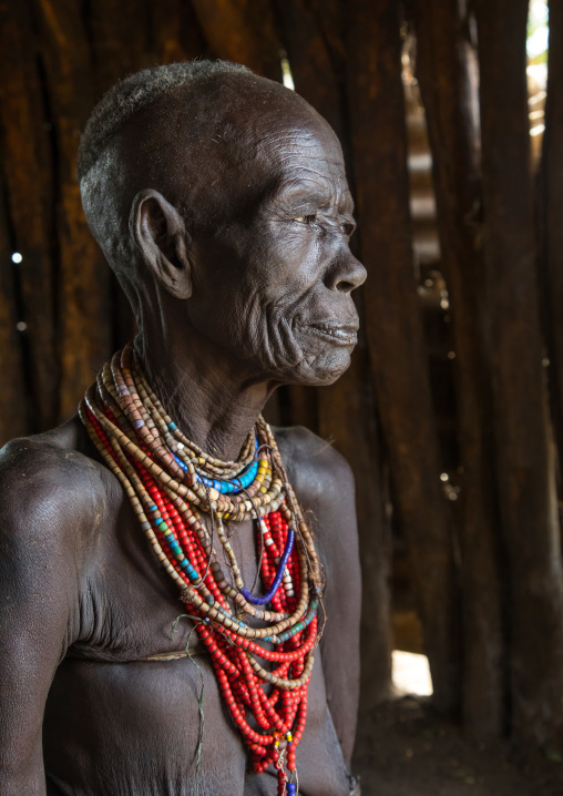 Mrs Moko who had to kill ten children she had before her wedding and who were mingis, Omo valley, Korcho, Ethiopia