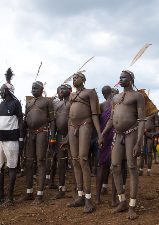 Bodi tribe fat men during Kael ceremony, Omo valley, Hana Mursi, Ethiopia