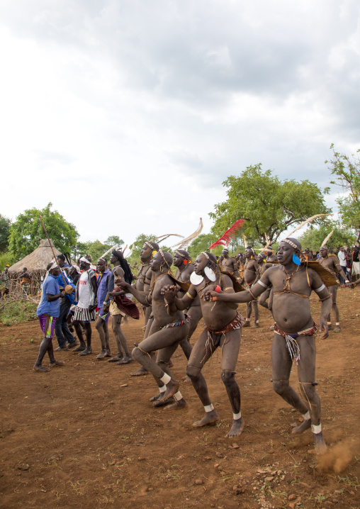 Bodi tribe fat men during Kael ceremony, Omo valley, Hana Mursi, Ethiopia