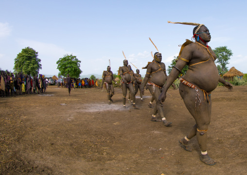 Bodi tribe fat men during Kael ceremony, Omo valley, Hana Mursi, Ethiopia