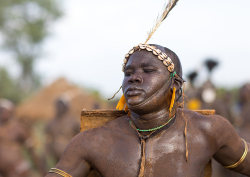Bodi tribe fat man during Kael ceremony, Omo valley, Hana Mursi, Ethiopia