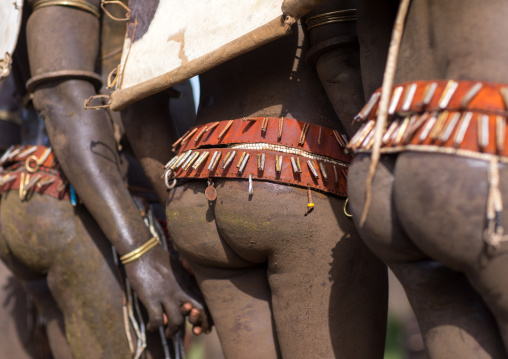 Bodi tribe fat men during Kael ceremony, Omo valley, Hana Mursi, Ethiopia