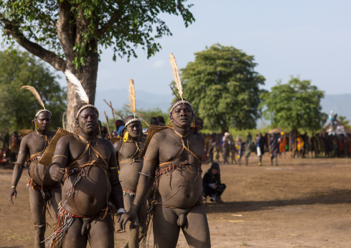 Bodi tribe fat men during Kael ceremony, Omo valley, Hana Mursi, Ethiopia