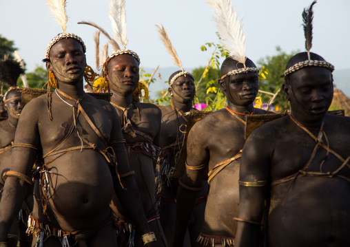 Bodi tribe fat men during Kael ceremony, Omo valley, Hana Mursi, Ethiopia