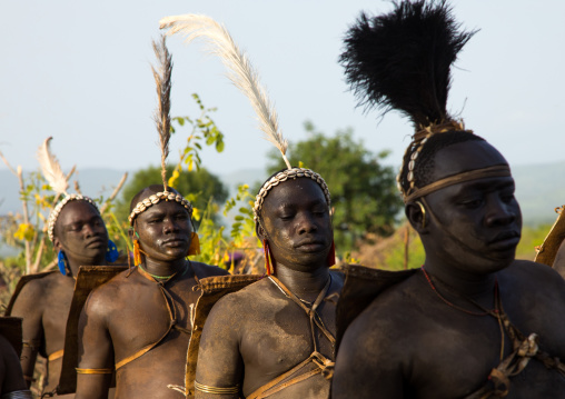 Bodi tribe fat men during Kael ceremony, Omo valley, Hana Mursi, Ethiopia