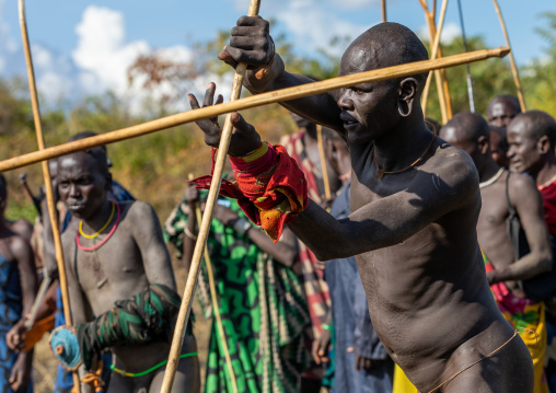 Suri tribe warriors fighting during a donga stick ritual, Omo valley, Kibish, Ethiopia