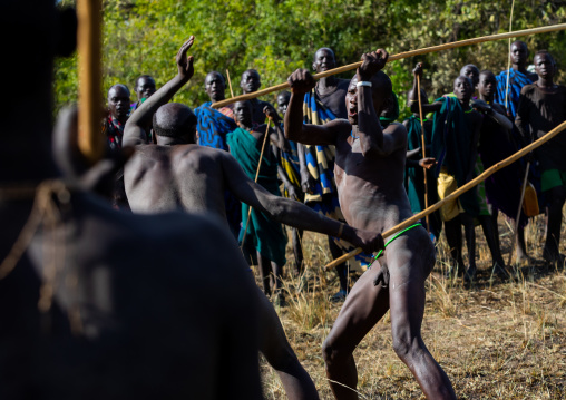 Suri tribe warriors fighting during a donga stick ritual, Omo valley, Kibish, Ethiopia