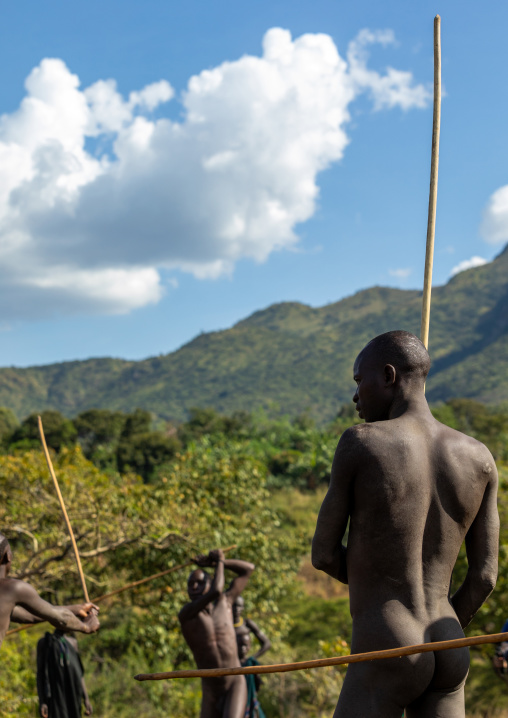Suri tribe warriors fighting during a donga stick ritual, Omo valley, Kibish, Ethiopia