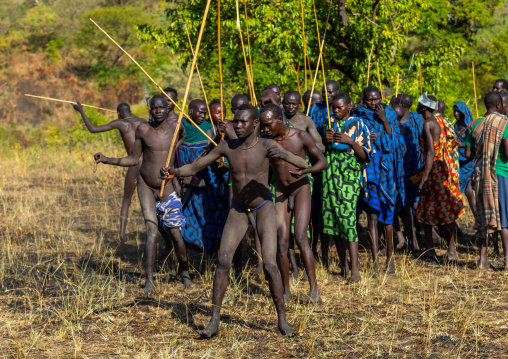 Suri tribe warriors parading before a donga stick fighting ritual, Omo valley, Kibish, Ethiopia