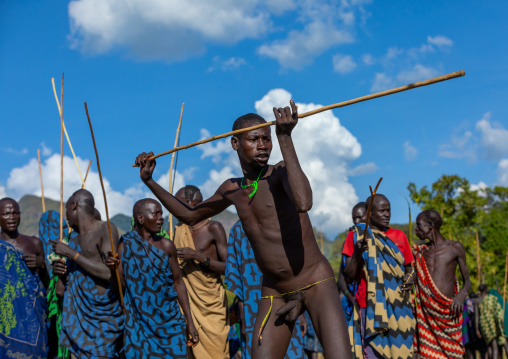 Suri tribe warriors fighting during a donga stick ritual, Omo valley, Kibish, Ethiopia