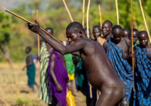 Suri tribe warriors fighting during a donga stick ritual, Omo valley, Kibish, Ethiopia