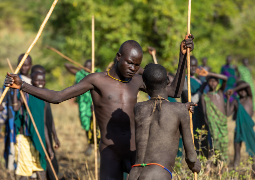 Suri tribe warriors fighting during a donga stick ritual, Omo valley, Kibish, Ethiopia