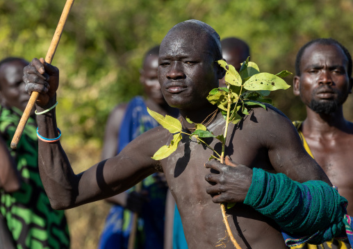 Suri tribe warrior parading before a donga stick fighting ritual, Omo valley, Kibish, Ethiopia