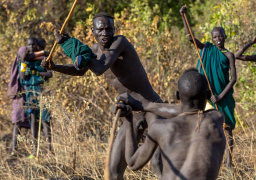 Suri tribe warriors fighting during a donga stick ritual, Omo valley, Kibish, Ethiopia