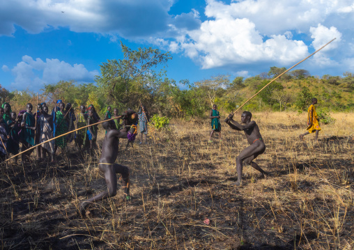 Suri tribe warriors fighting during a donga stick ritual, Omo valley, Kibish, Ethiopia