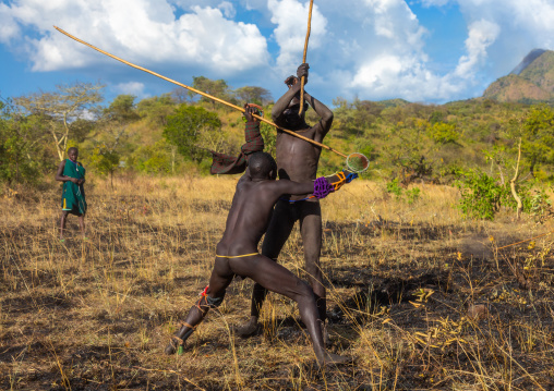 Suri tribe warriors fighting during a donga stick ritual, Omo valley, Kibish, Ethiopia