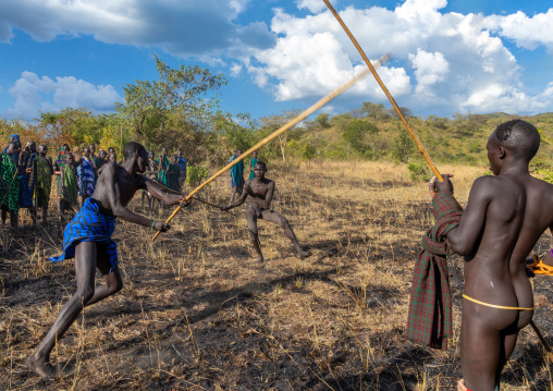 Suri tribe warriors fighting during a donga stick ritual, Omo valley, Kibish, Ethiopia