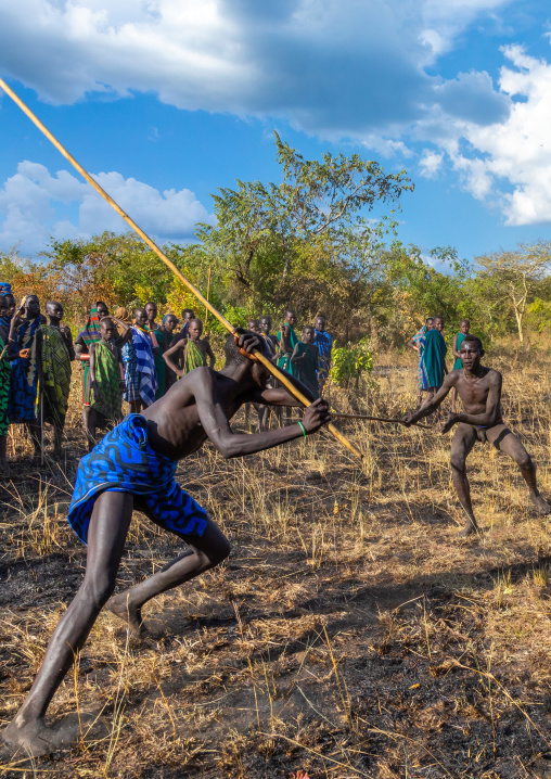 Suri tribe warriors fighting during a donga stick ritual, Omo valley, Kibish, Ethiopia