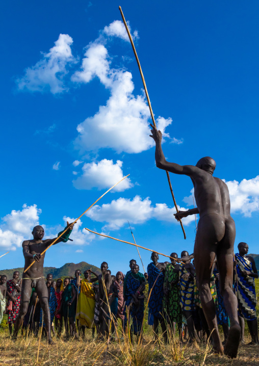 Suri tribe warriors fighting during a donga stick ritual, Omo valley, Kibish, Ethiopia