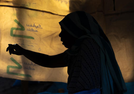 Silhouette of a woman in a market, Amhara region, Senbete, Ethiopia